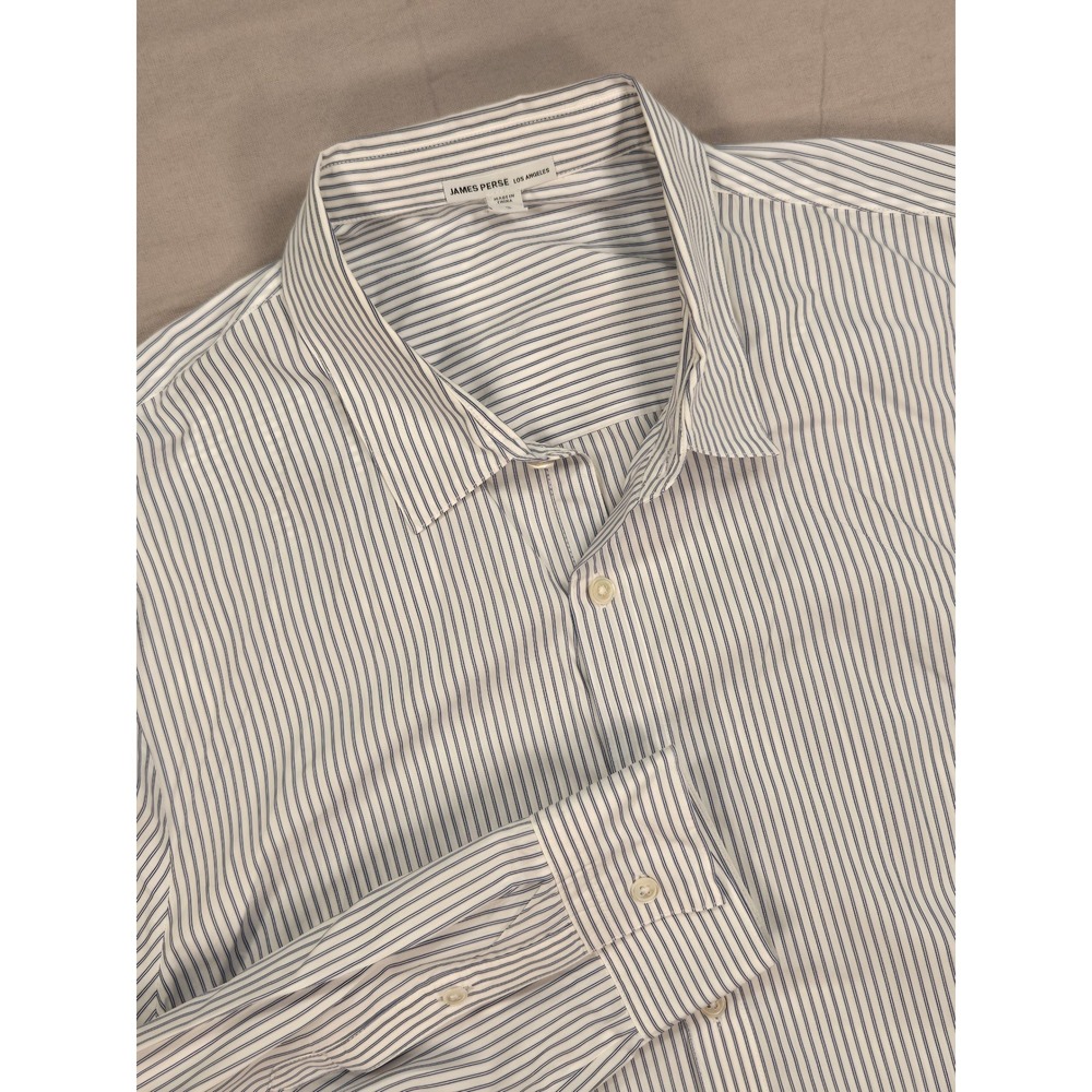 James Perse Mens Blue White Pinstripe Cotton Button Up Shirt Size 3 L